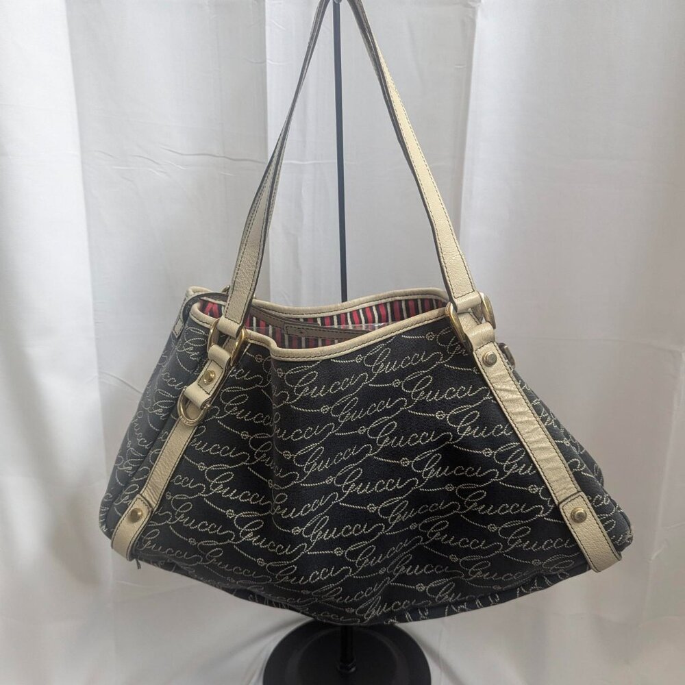 Gucci Script Logo Black Canvas Calfskin Hobo Shoulder Bag